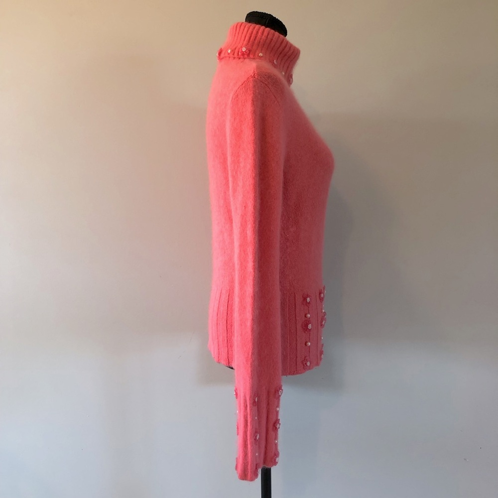 Women’s Vintage Pink Angora Turtleneck Sweater with Flower Pearl Accents size S - Picture 7 of 12